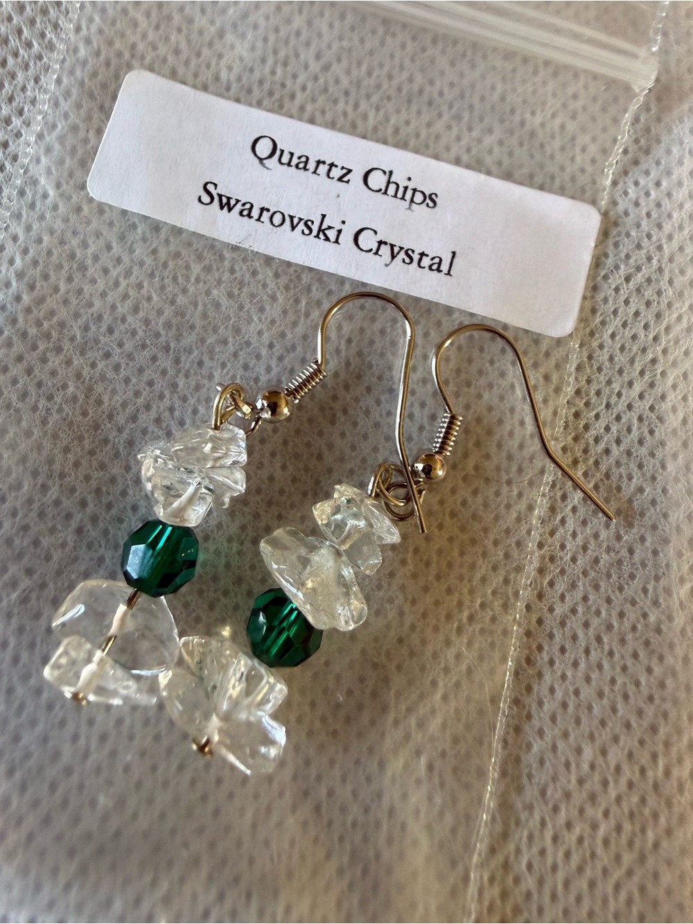 & Clear Quartz Chip Drop Earrings - Green and Clear hand Made